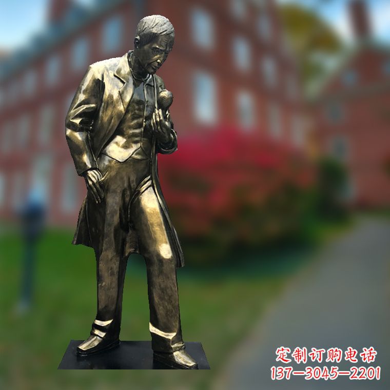 湖南爱迪生与灯泡-玻璃钢仿铜校园名人全身雕塑