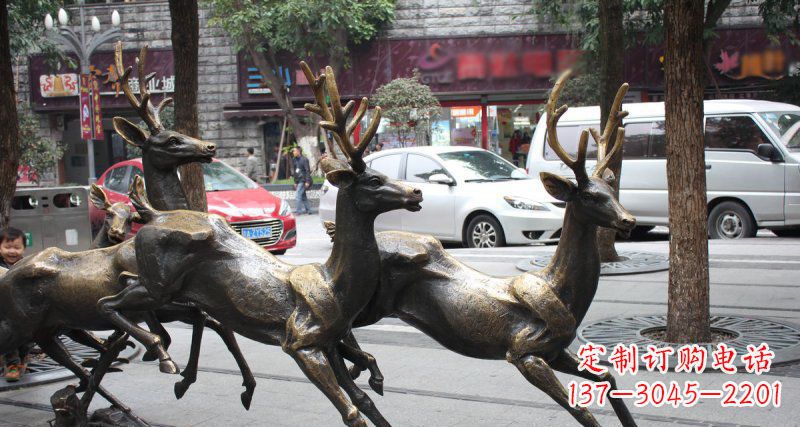 湖南奔跑的梅花鹿街边景观铜雕
