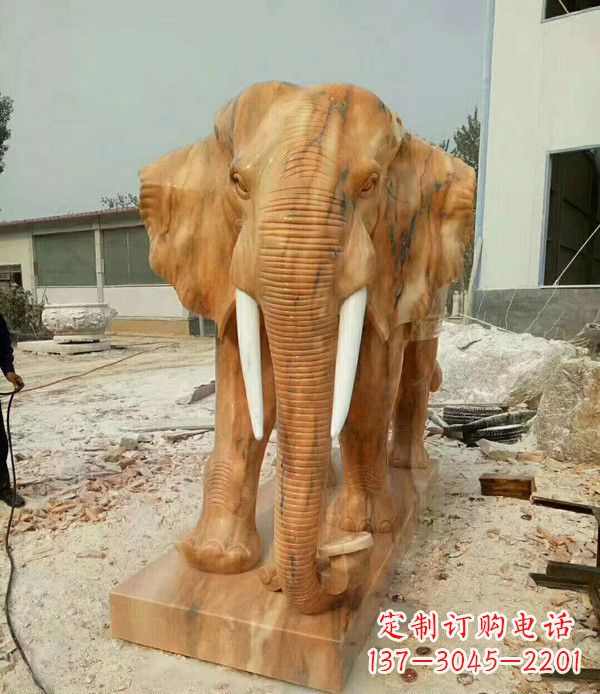 湖南鼻卷如意晚霞红招财大象石雕