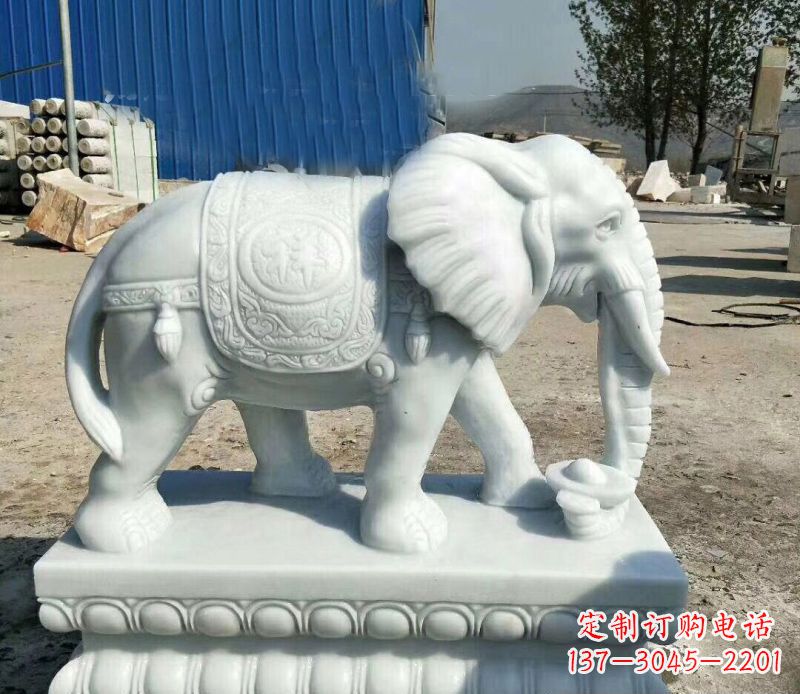 湖南鼻卷元宝的大象汉白玉吉祥如意石雕
