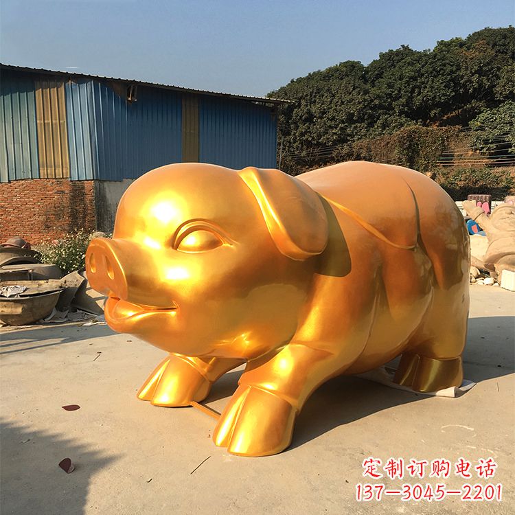 湖南玻璃钢大型漆金猪仔雕塑-大型商场美陈动物雕塑