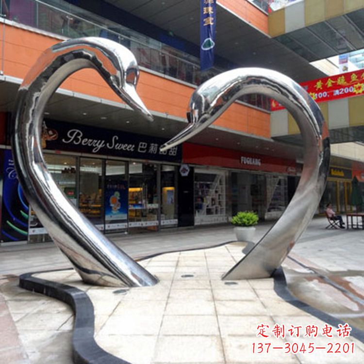 湖南不锈钢爱心天鹅情侣雕塑-大型户外广场抽象动物景观摆件心型天鹅头雕塑