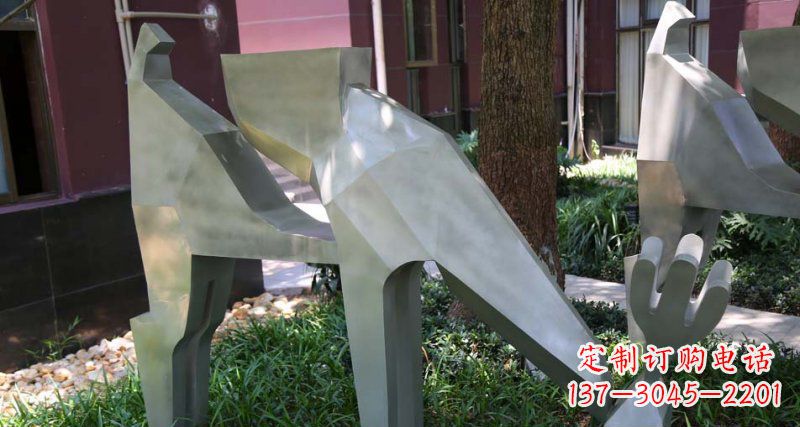湖南不锈钢抽象吃草的几何梅花鹿动物雕塑