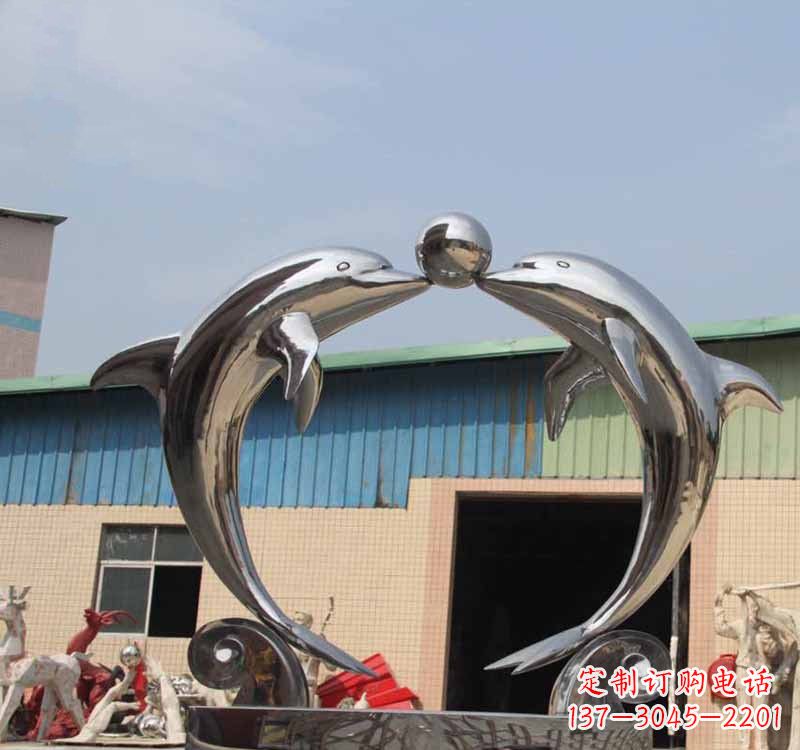 湖南海豚之恋——不锈钢公园镜面海豚顶球雕塑