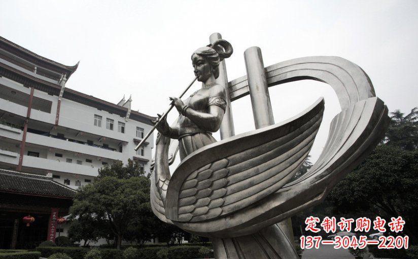 湖南古典美女不锈钢吹笛子雕塑