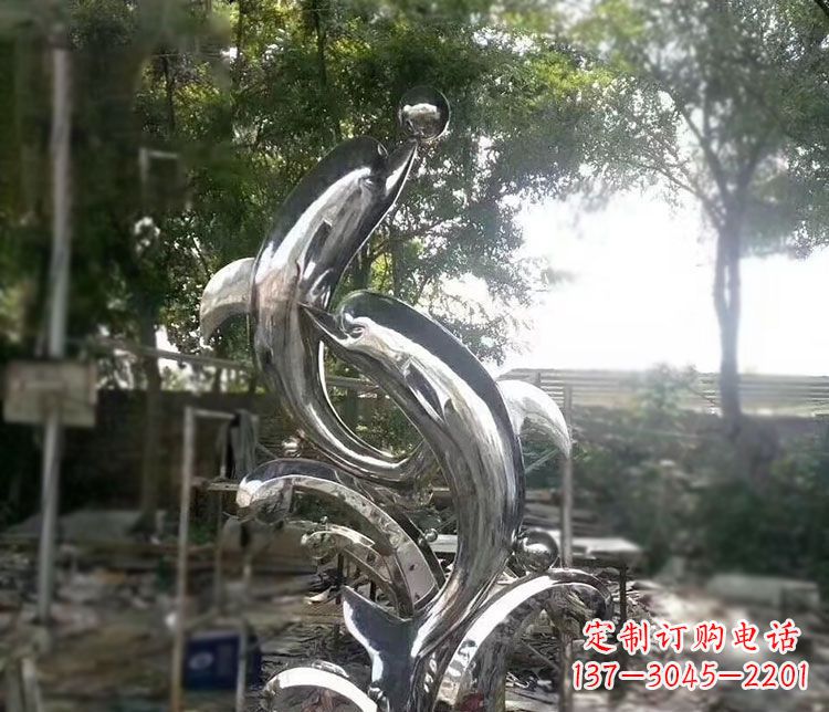 湖南不锈钢海豚顶球雕塑