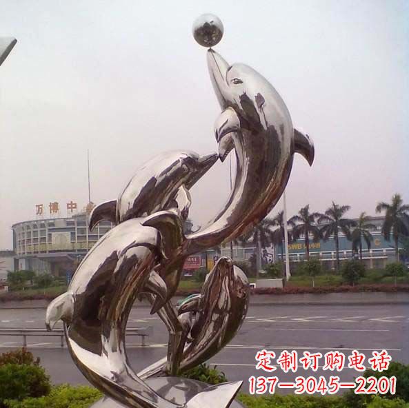 湖南不锈钢海豚顶球造型雕塑
