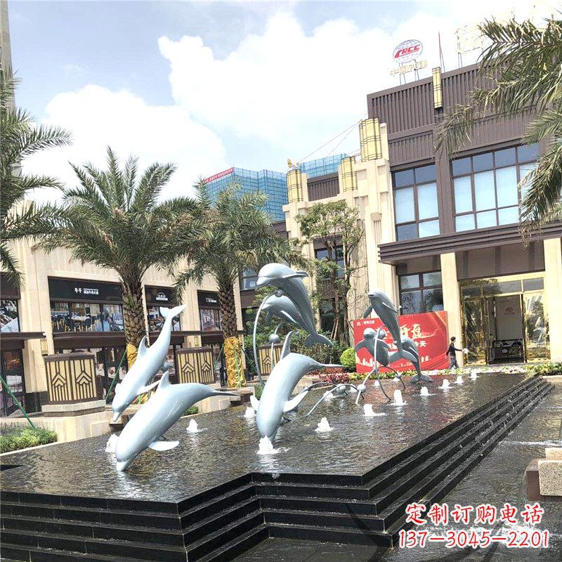 湖南不锈钢海豚喷泉-城市企业街道睡觉景观雕塑