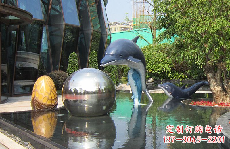 湖南不锈钢海豚水景雕塑,企业公园园林创意景观雕塑