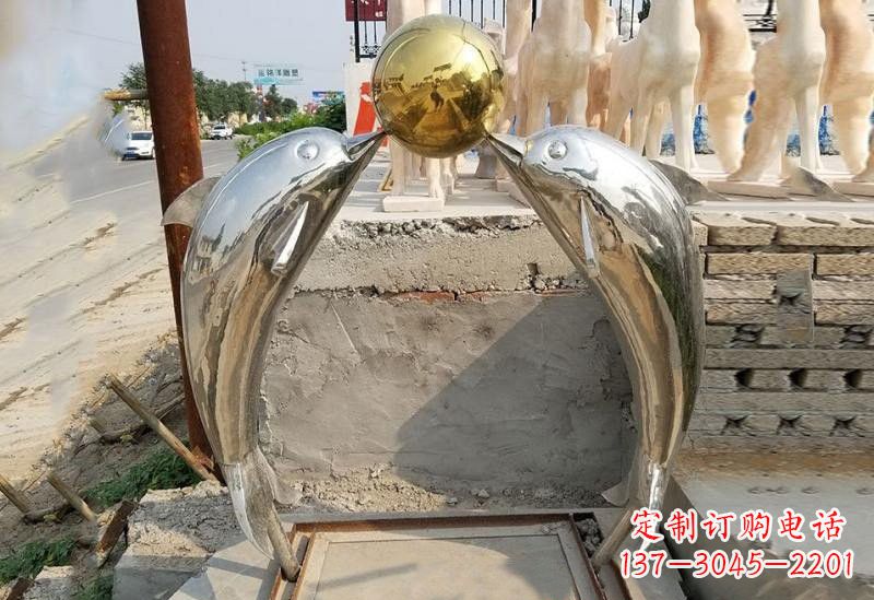 湖南不锈钢镜面海豚顶球雕塑