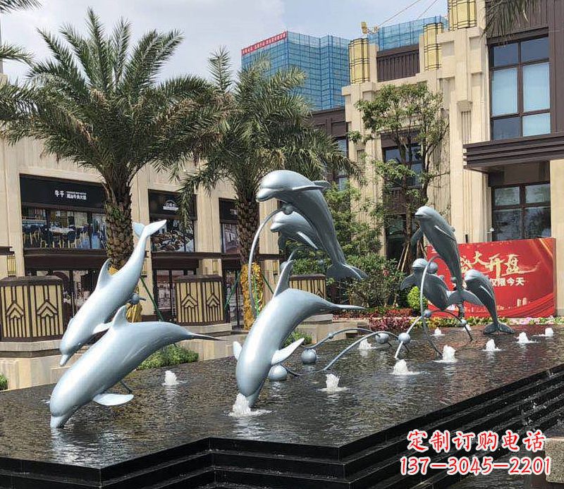湖南不锈钢小区海豚跳跃喷泉雕塑