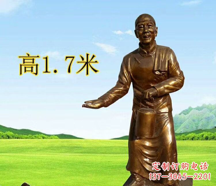 湖南茶馆门口店小二玻璃钢仿铜摆件