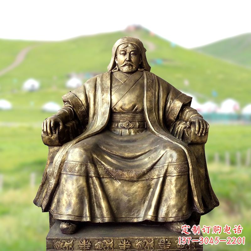 湖南成吉思汗玻璃钢雕塑-仿铜坐姿铁木真雕像