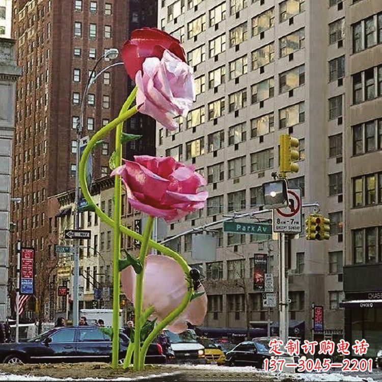 湖南城市街道玻璃钢玫瑰花景观花朵雕塑