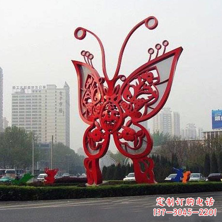 湖南城市园林道路绿化带大型红色蝴蝶不锈钢雕塑景观