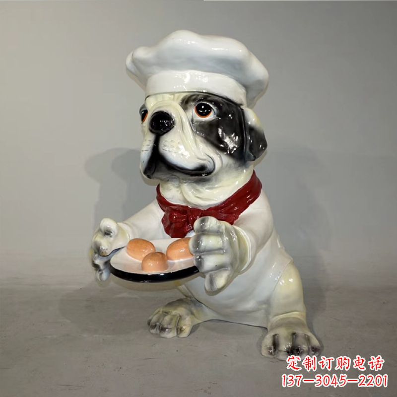 湖南厨师造型斗牛犬,玻璃钢仿陶瓷狗雕塑
