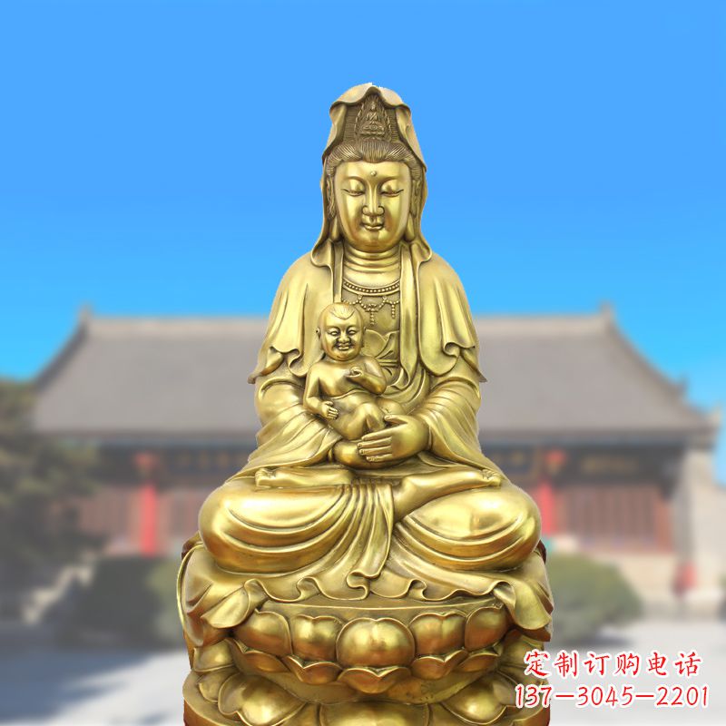 湖南纯铜观音坐姿鎏金铜雕