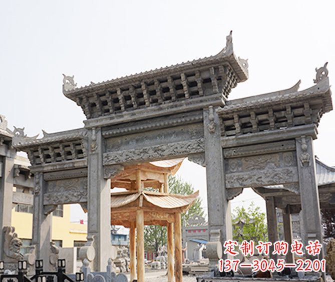 湖南村庄大理石三门牌坊石雕