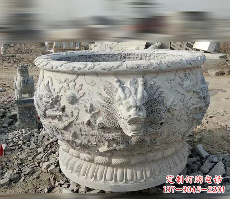 湖南大理石龙浮雕水缸