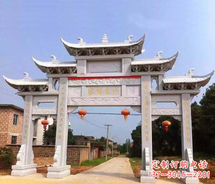 湖南大理石三门五楼石牌坊石雕 (2)