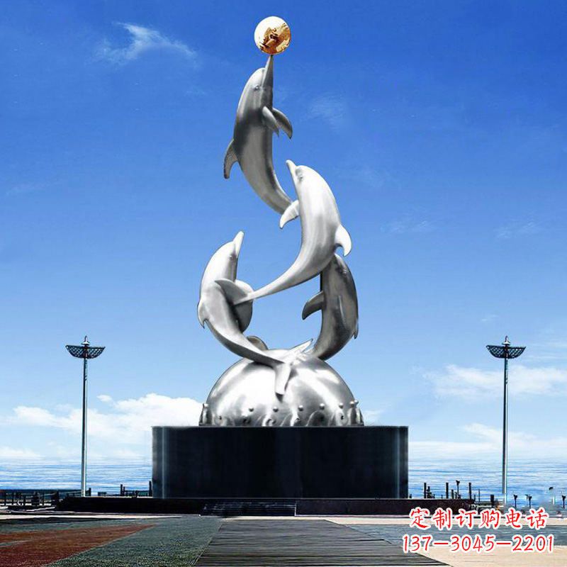 湖南大型不锈钢海豚雕塑-学校文化动物景观雕塑