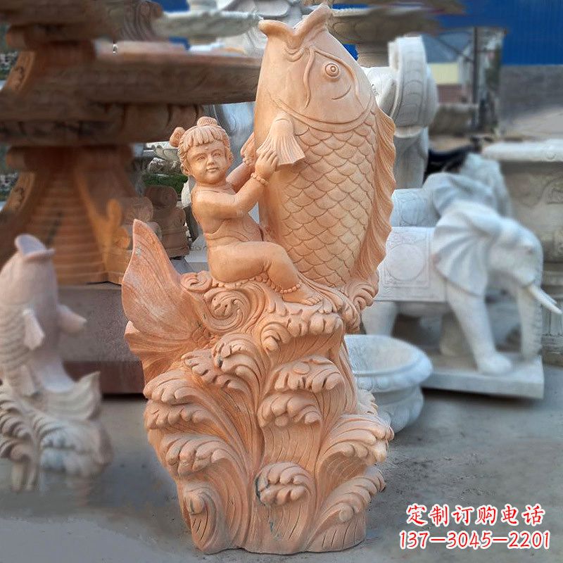 湖南大型喷水鲤鱼雕塑-晚霞红石喷泉