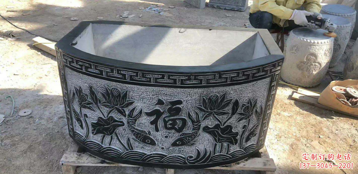 湖南精致方口石浮雕水缸雕塑
