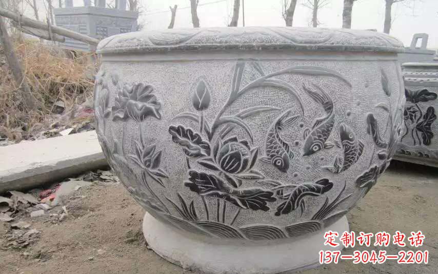 湖南仿古雕刻鲤鱼石浮雕水缸