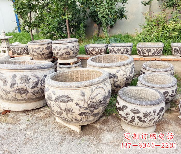 湖南仿古石雕鲤鱼浮雕水缸