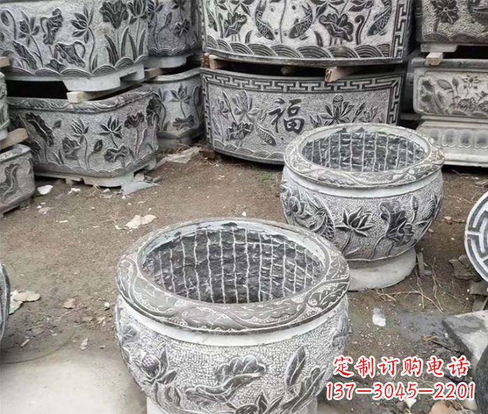 湖南仿古荷花石浮雕水缸