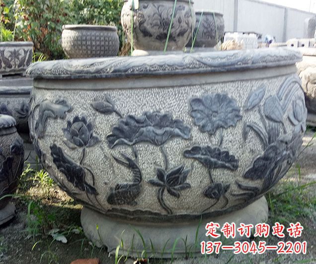 湖南仿古荷花石浮雕水缸 (2)