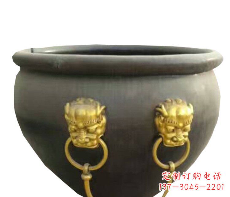 湖南仿古鎏金狮子头水缸铜雕塑