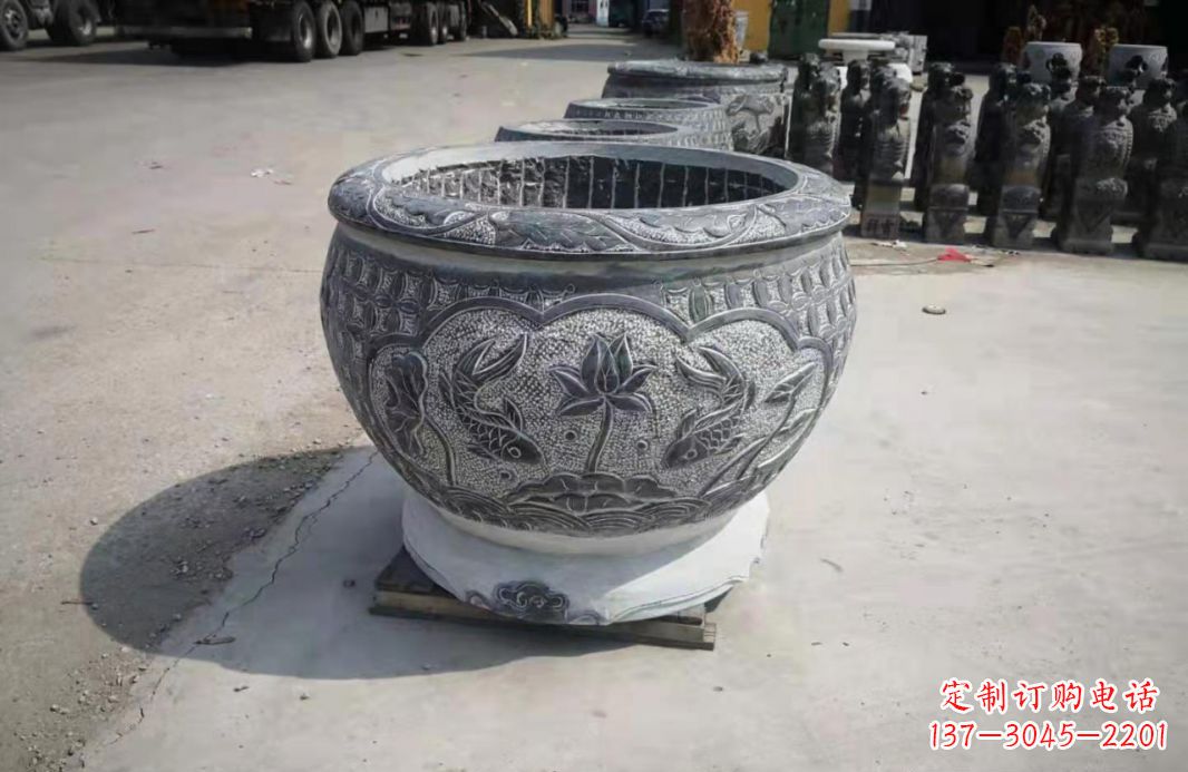 湖南仿古石水缸荷花鲤鱼石雕