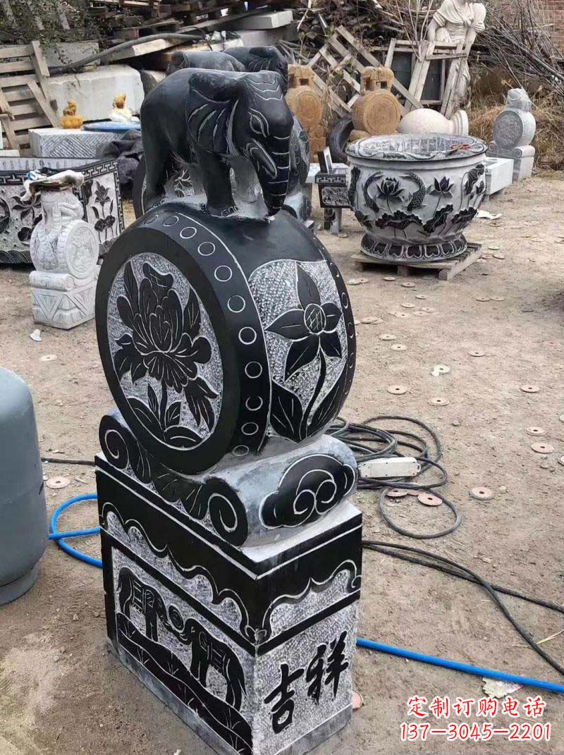 湖南传统工艺小象抱鼓石雕塑