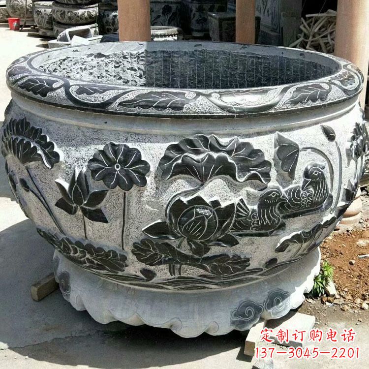 湖南极致精细仿古圆形鱼缸石雕