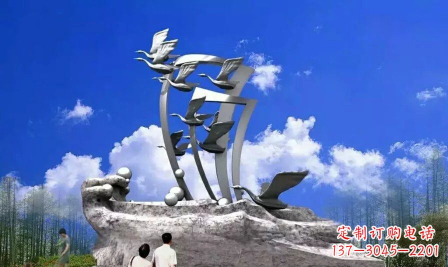 湖南艺术家手工制作的不锈钢飞翔天鹅雕塑