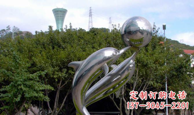 湖南公园不锈钢海豚顶球雕塑