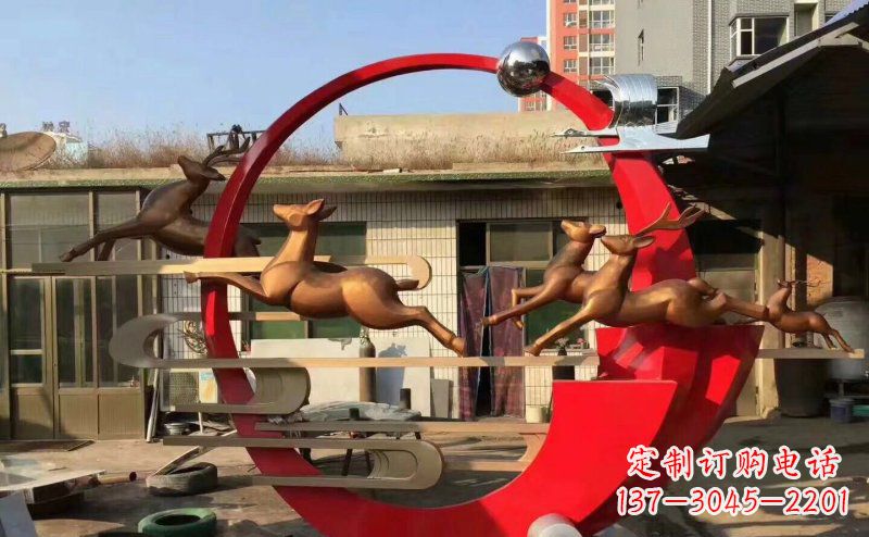 湖南公园不锈钢梅花鹿祥云仙鹤雕塑 (2)