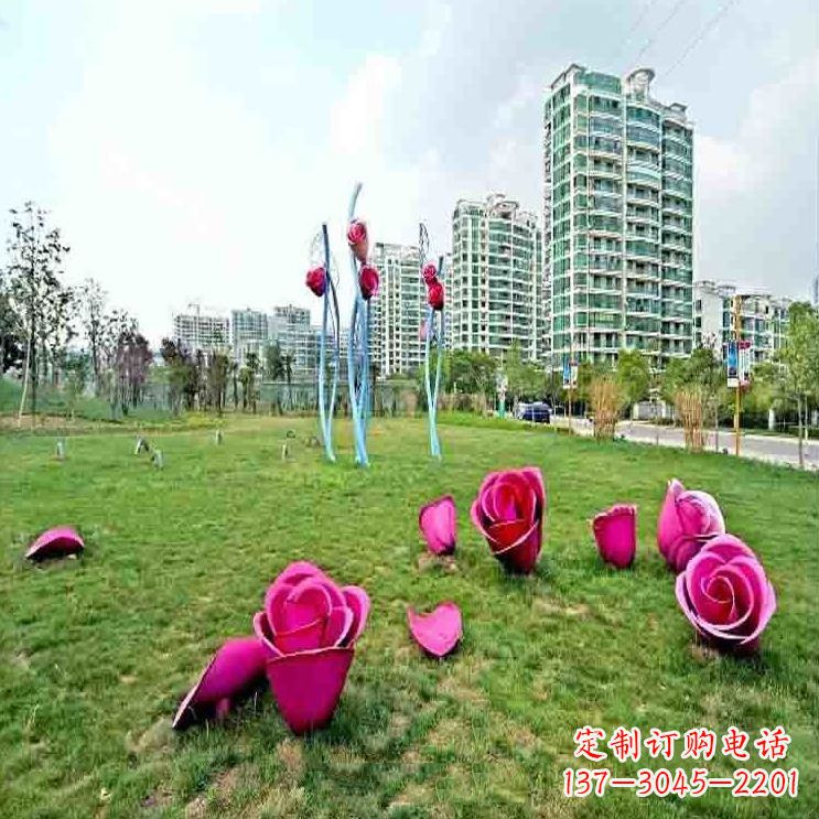 湖南公园草坪不锈钢玫瑰装饰花朵雕塑