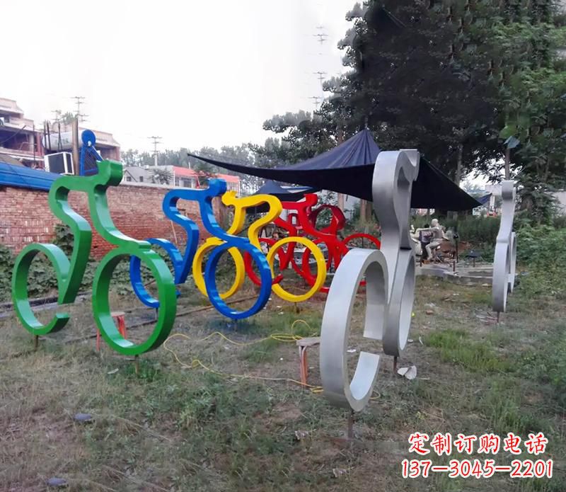湖南公园抽象不锈钢骑自行车雕塑