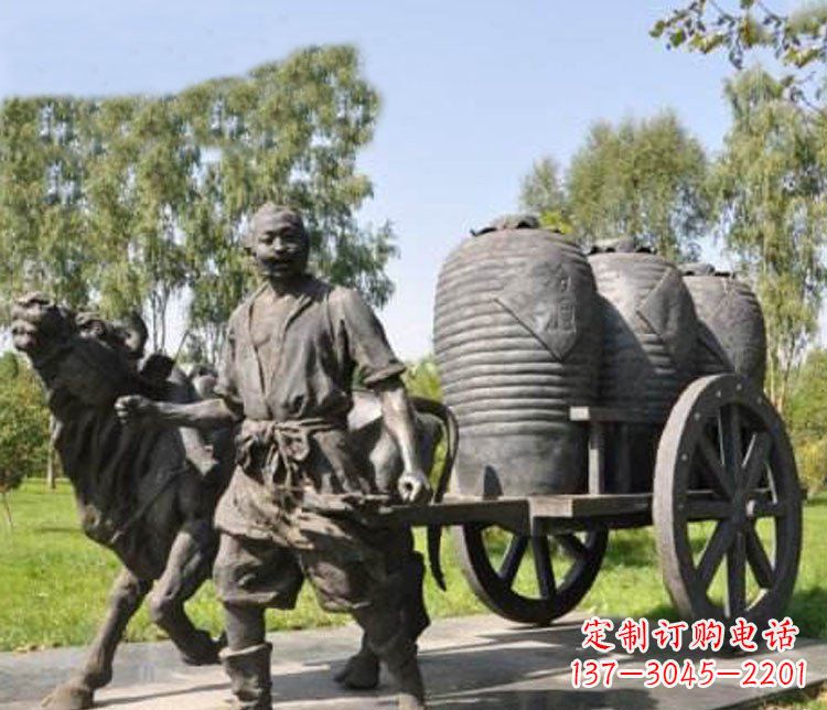 湖南公园驾着牛车拉酒缸的古代人物小品铜雕
