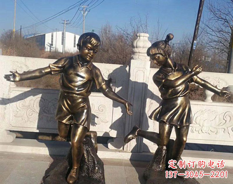 湖南公园景观编花篮儿童铜雕