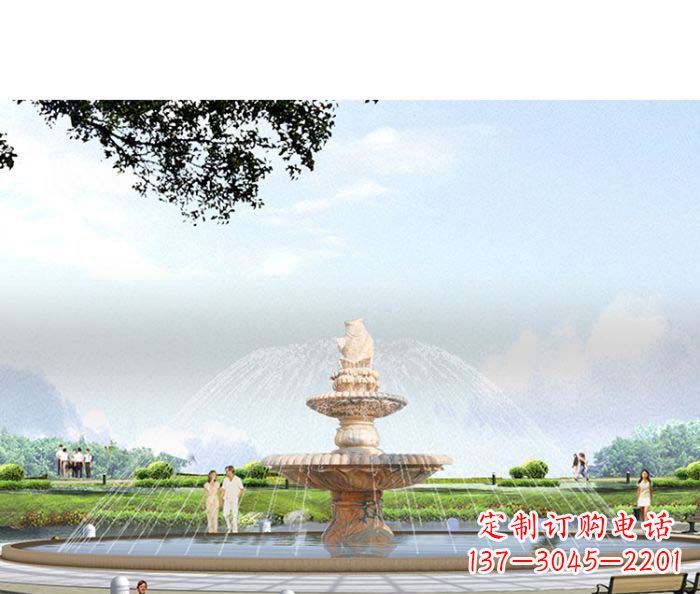 湖南公园景观晚霞红鲤鱼喷泉石雕