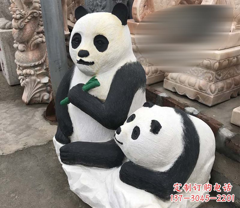 湖南领雕塑——公园母子熊猫石雕