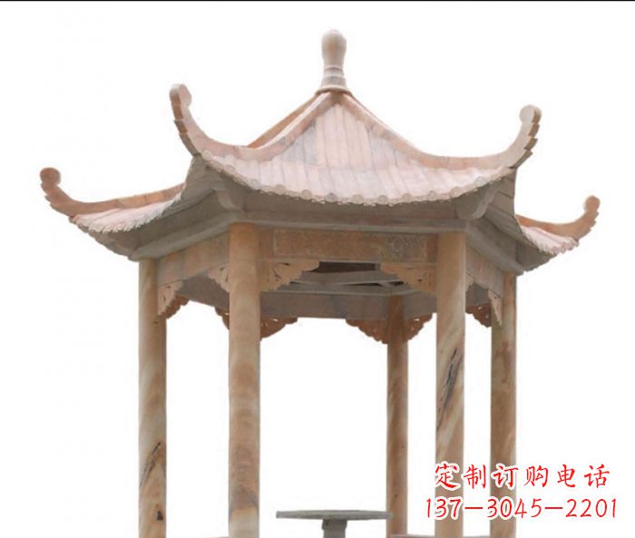 湖南美丽而优雅的公园晚霞红六角石凉亭雕塑