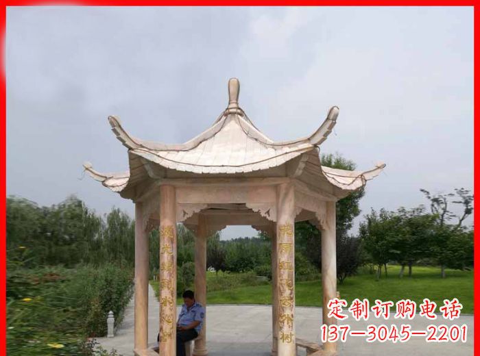 湖南晚霞红六角石凉亭雕塑