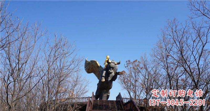 湖南精美铜雕雕塑——可爱小男孩站在飞牛上