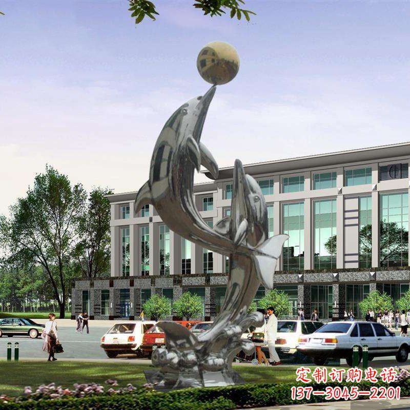 湖南不锈钢海豚戏球雕塑,营造清新海岸风情