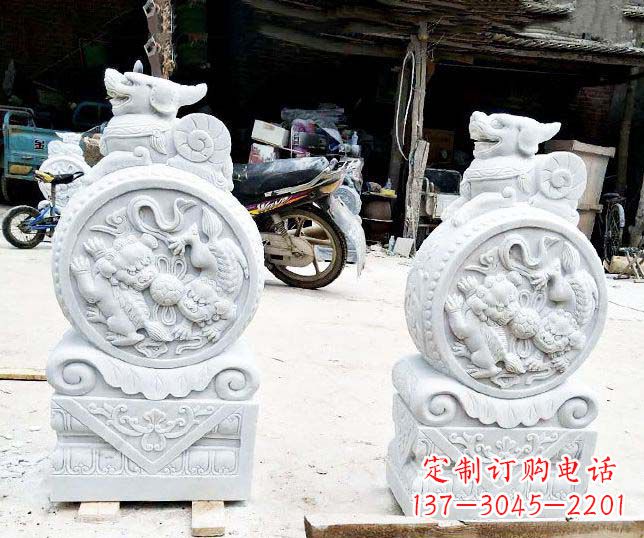 湖南汉白玉抱鼓石招财石门墩石雕