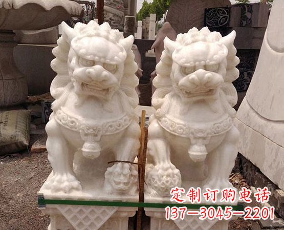 湖南汉白玉踩绣球狮子石雕_2